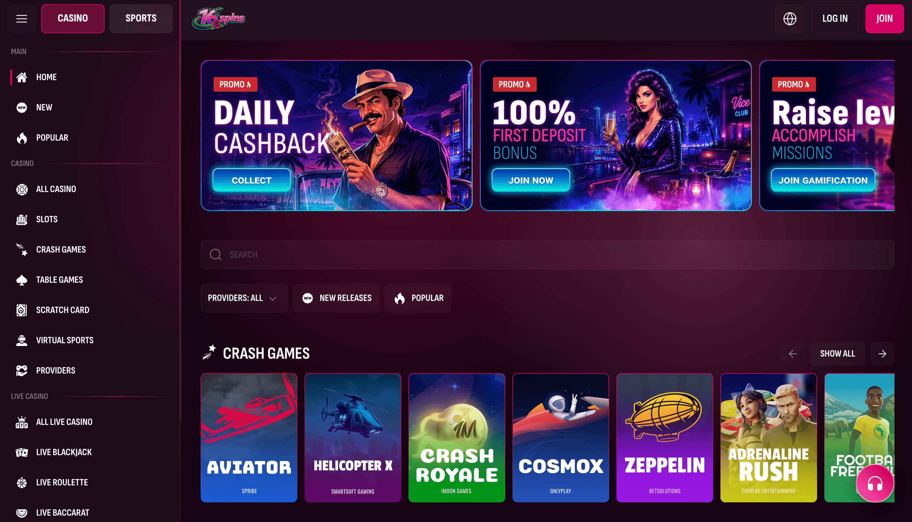 16Spins Casino Lobby