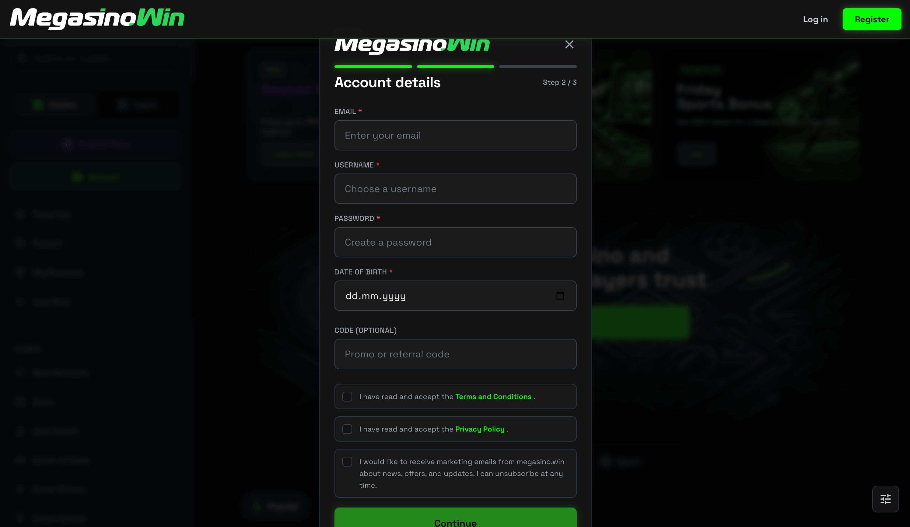 Megasino Sign Up