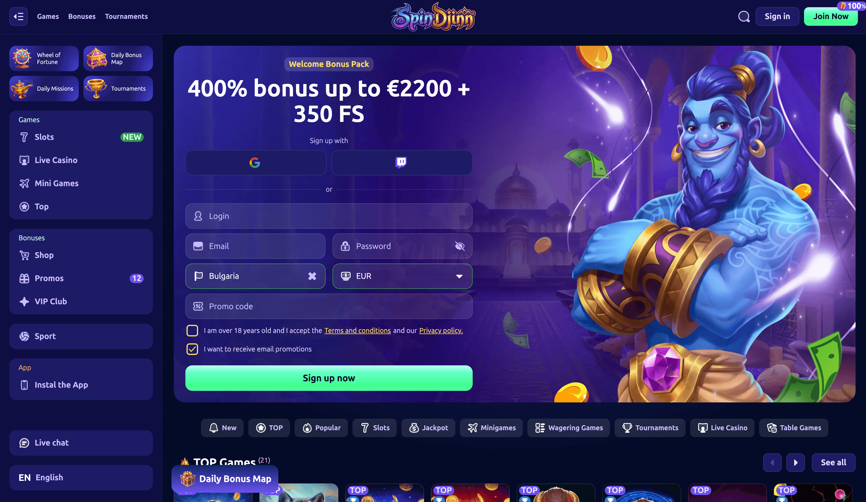 SpinDjinn Casino Lobby
