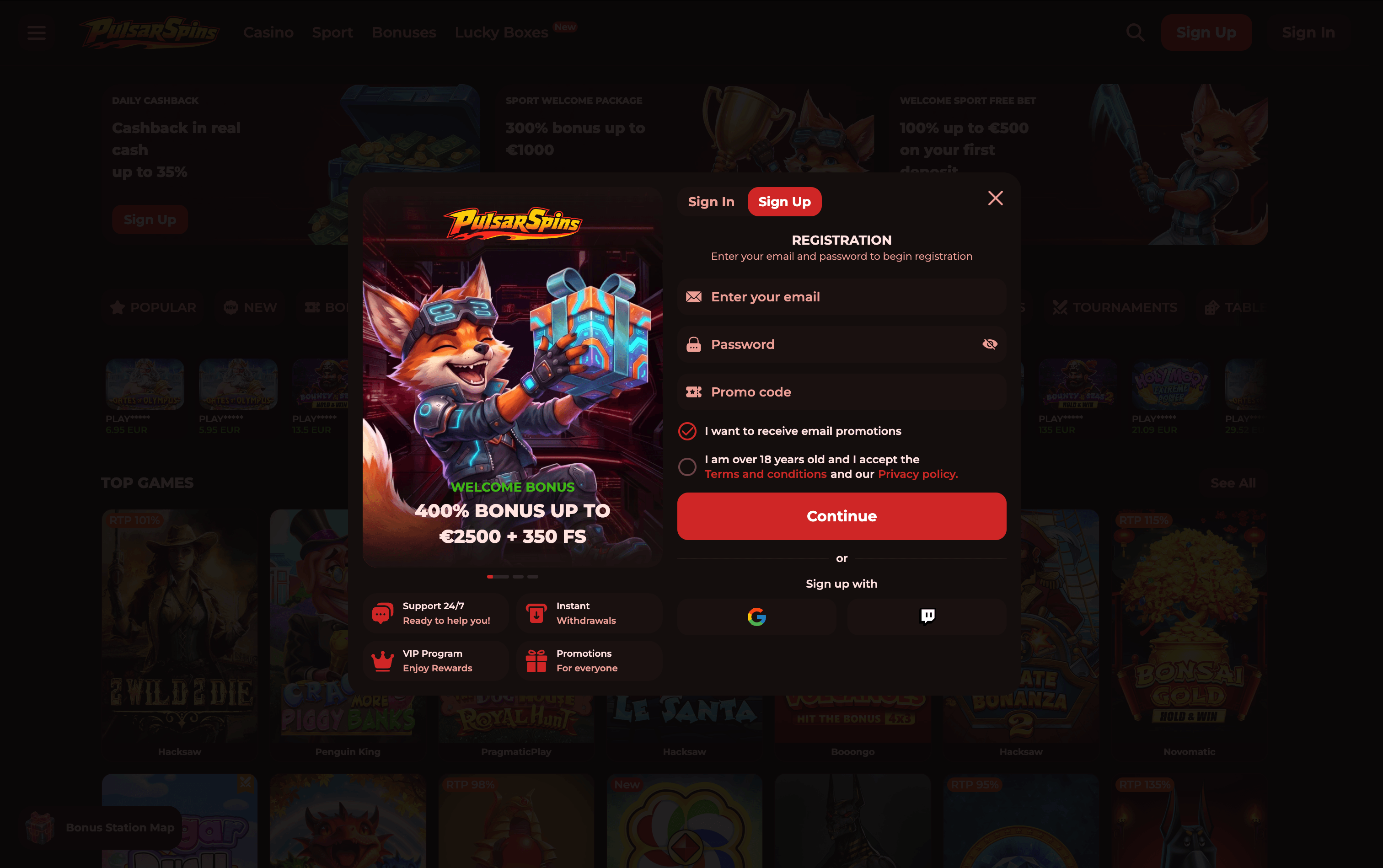 PulsarSpins Casino Sign Up