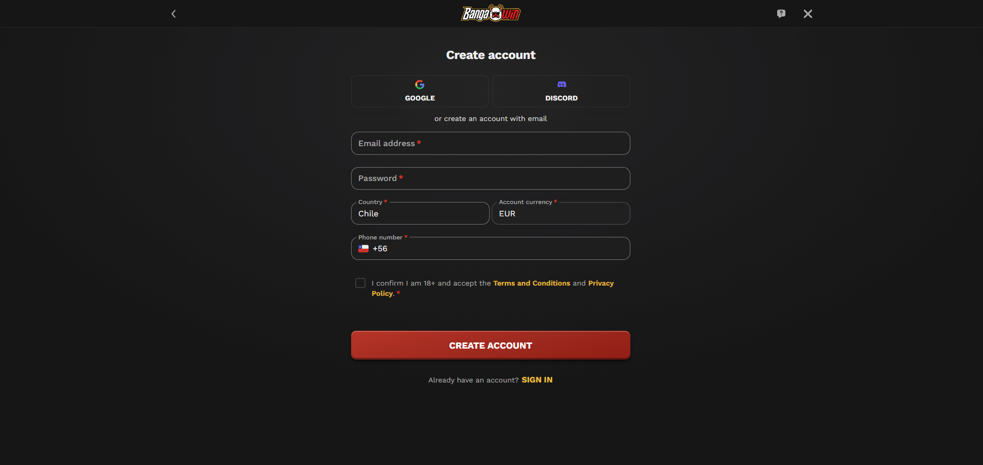 BangaWin Casino Sign Up