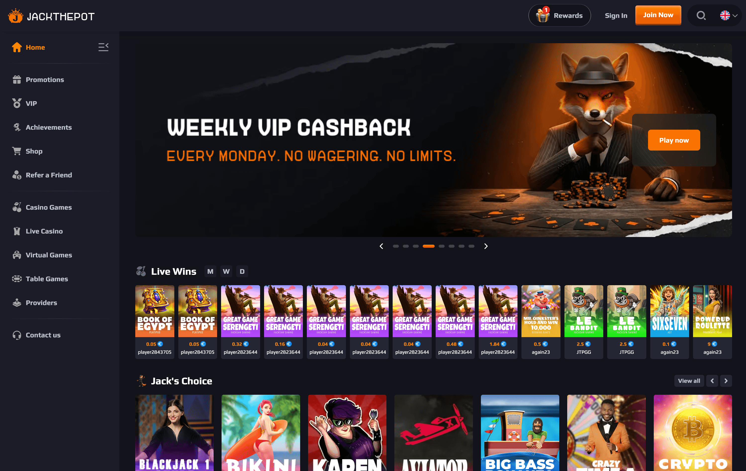 JackThePot Casino Lobby