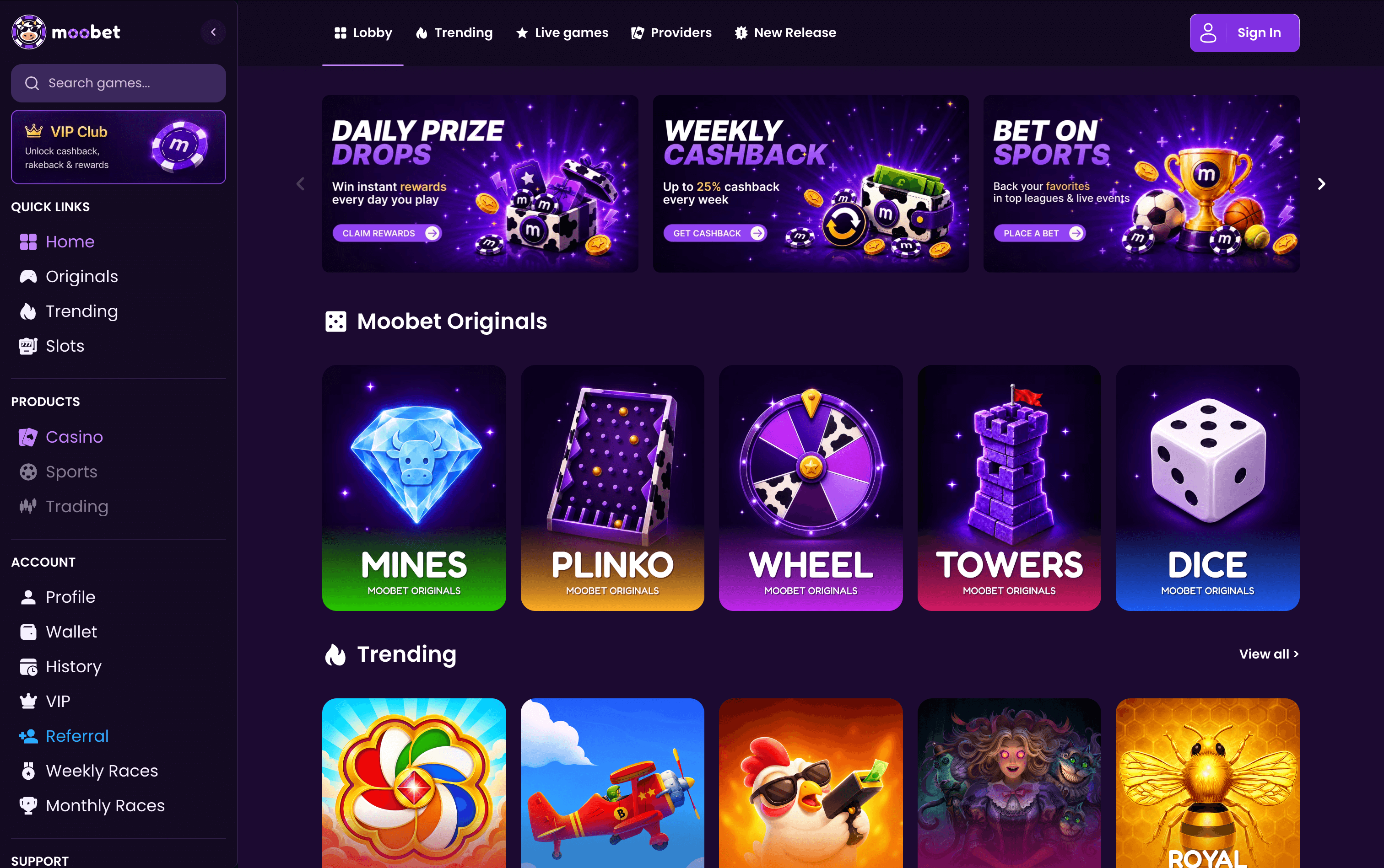 MooBet Casino Lobby