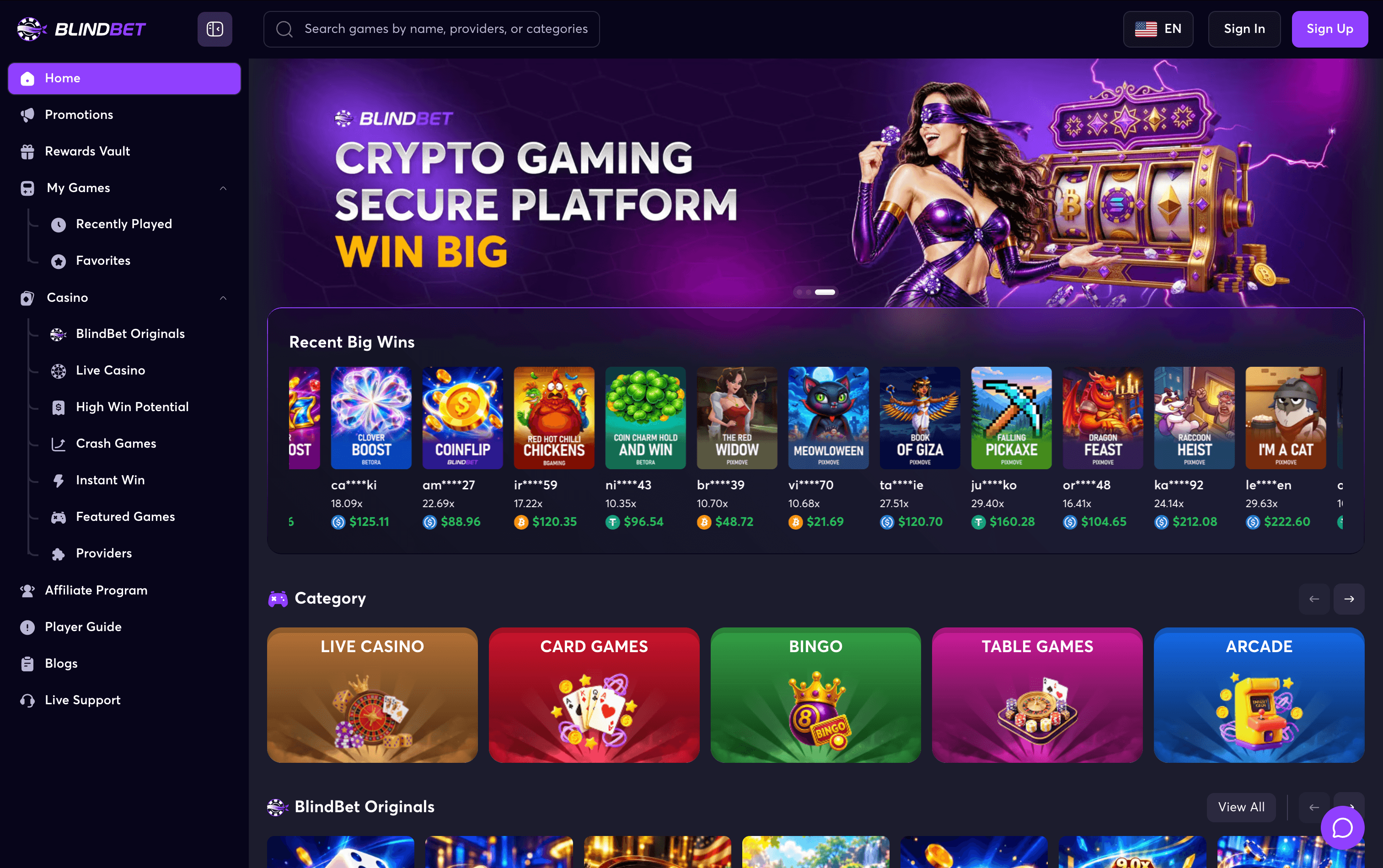 BlindBet Casino Lobby