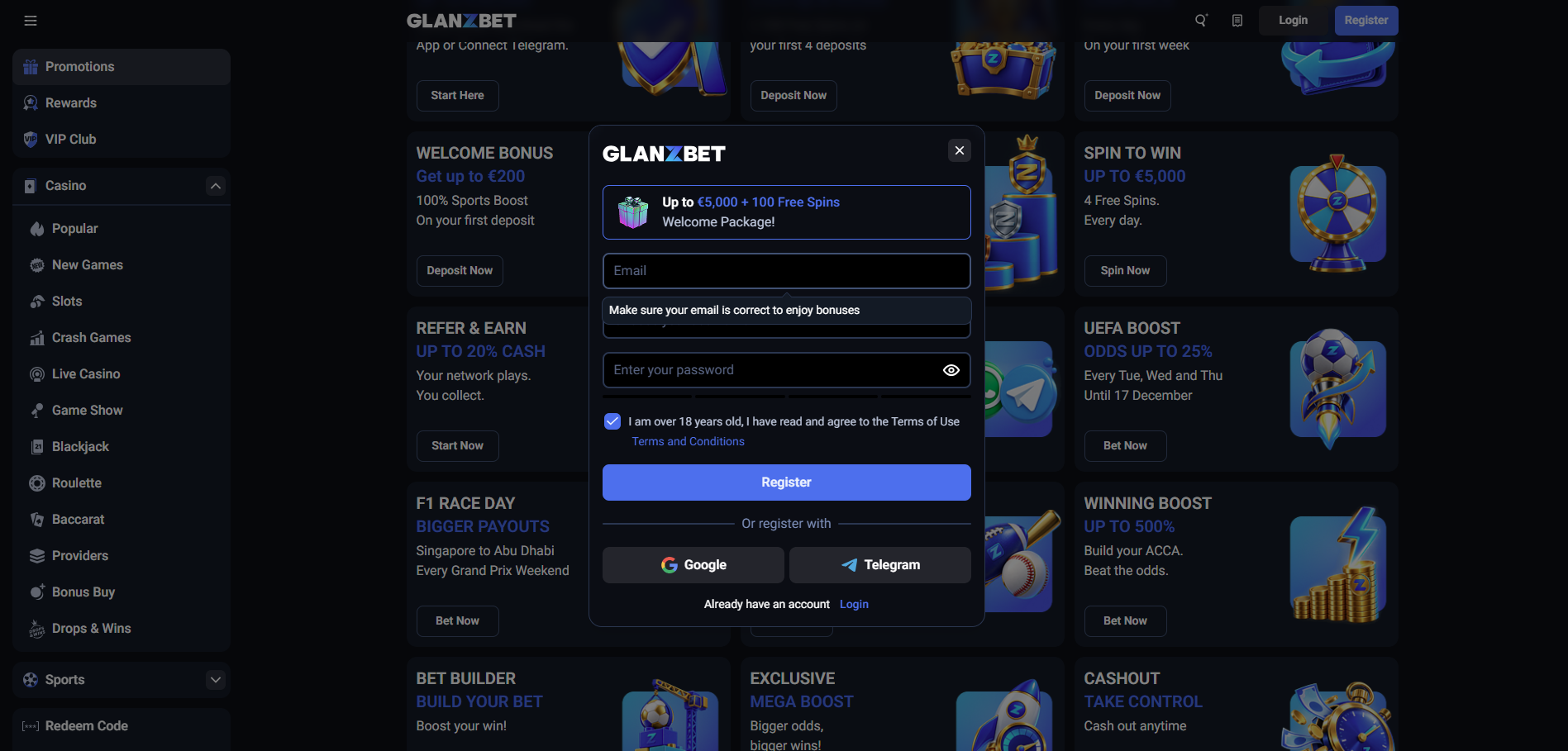 GlanzBet Casino Sign Up