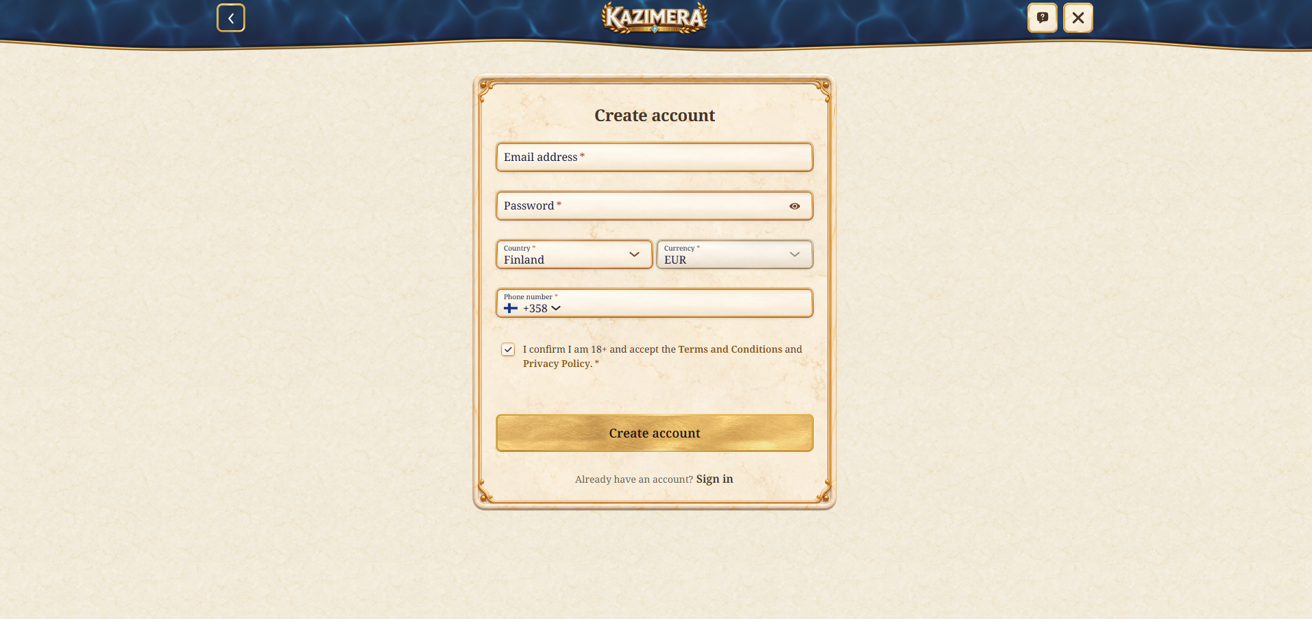 Kazimera Casino SIgn Up