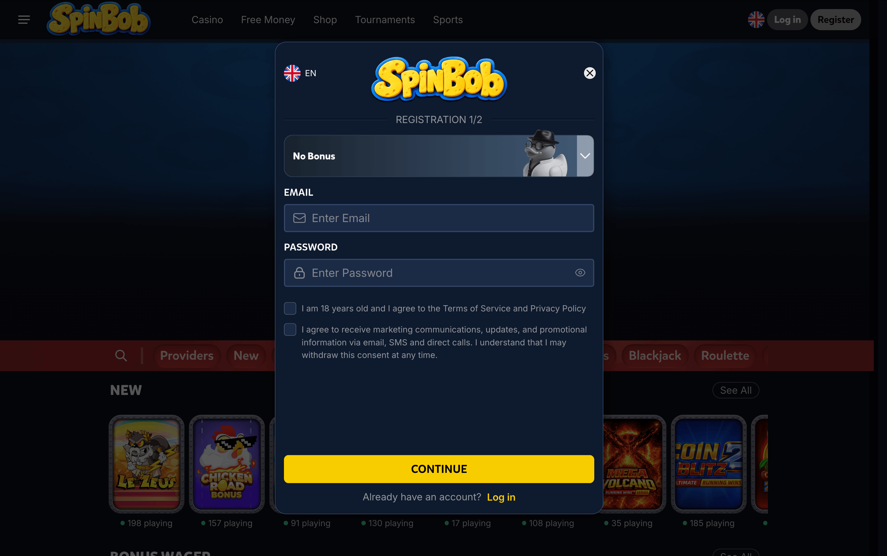 SpinBob Casino Sing Up
