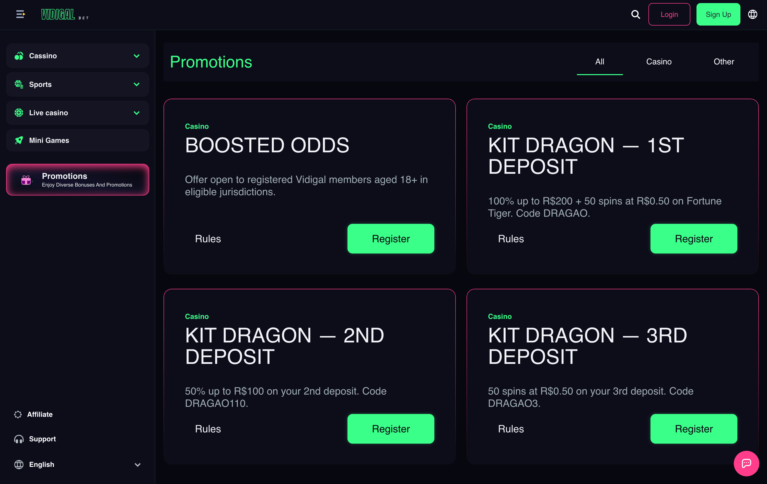Vidigal Bet Casino Bonuses